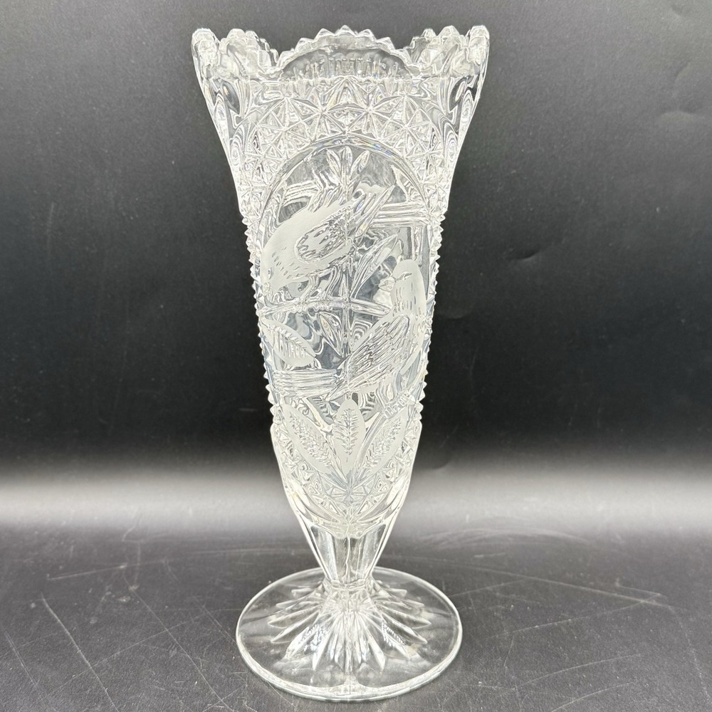 VTG Hofbauer Byrdes Crystal Footed Vase Germany Etched Bird Sawtooth Flared 10"